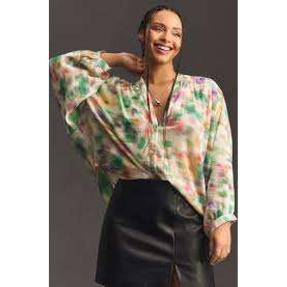 Pilcro Watercolor Floral Cotton‎ Gauze Blouse Medium Multi Womens Batwing Boho